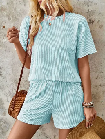 Women Casual Spandex Polyester Wave Texture Round Neck Short Sleeve Top And Bottom Elastic Waist Shorts Two Piece Set