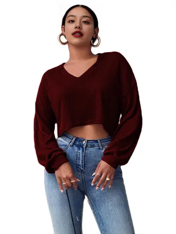 Women Sexy V Neck Cropped Long Sleeve Knitted Top Spandex Solid Color Ribbed Pullover Fashion Slim Fit Autumn Winter Top