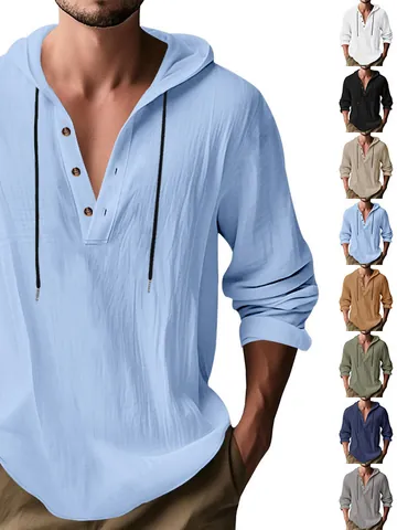 Men Polyester Long Sleeve Hooded Henley Shirt American Loose Fit Beach Casual Linen-Look Solid Color Pullover Shirt Top
