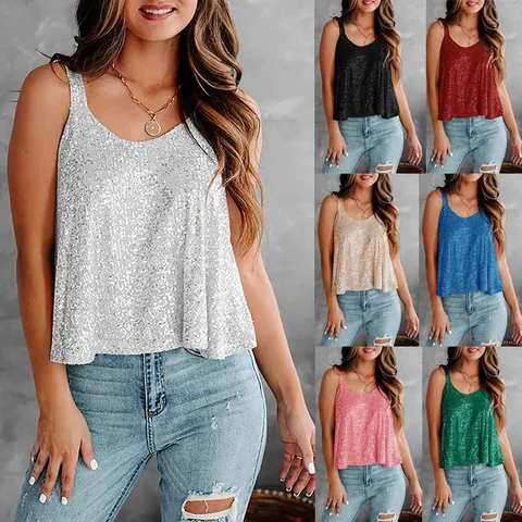 Women's Sexy Sequin Tank Top Sleeveless Round Neck Party Clubwear Sparkling Camisole Vest Top