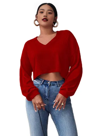 Women Sexy V Neck Cropped Long Sleeve Knitted Top Spandex Solid Color Ribbed Pullover Fashion Slim Fit Autumn Winter Top