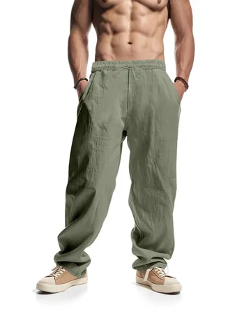 Men Casual Linen Polyester Solid Color Wide Leg Straight Pants Drawstring Waist Loose Fit Breathable Trousers Summer Fashion Bottom