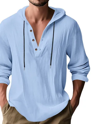 Men Polyester Long Sleeve Hooded Henley Shirt American Loose Fit Beach Casual Linen-Look Solid Color Pullover Shirt Top