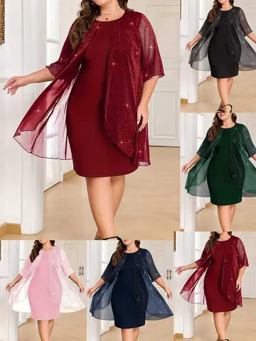 Elegant Women Plus Size Two Piece Dress Set Sequin Cardigan Pullover Sleeveless Midi Dress Top And Bottom Banquet Party Outfit