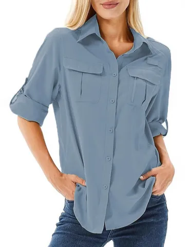 Women Outdoor Quick Dry Sun Protection Shirt Long Sleeve Button Down Loose Fit Blouse Top With Cargo Pockets For Hiking