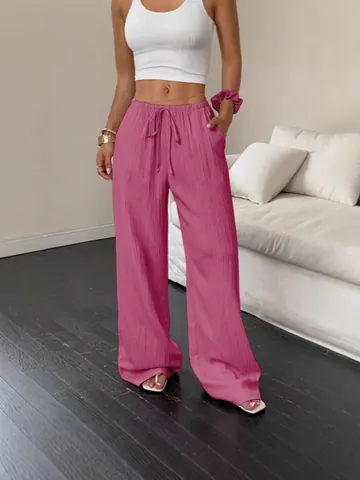 Dames Casual Rechte Pijp Wijde Pijp Broek Effen Kleur Middelhoge Taille Spandex Polyester Plissé Broek Met Zakken Trekkoord