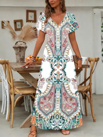 Women Summer V-Neck Short Sleeve Maxi Dress Vintage Paisley Print Boho Resort Style Casual Loose Polyester A-Line Long Dress