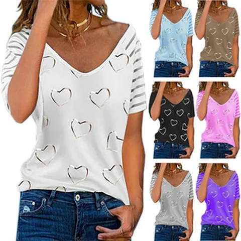 Γυναικείο Casual T-Shirt από Πολυεστέρα με Τύπωμα Καρδιάς και Ριγέ Μανίκια Λαιμόκοψη V Καλοκαιρινό Χαλαρό Τοπ Άνετο Καθημερινό