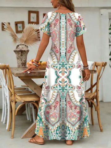 Women Summer V-Neck Short Sleeve Maxi Dress Vintage Paisley Print Boho Resort Style Casual Loose Polyester A-Line Long Dress