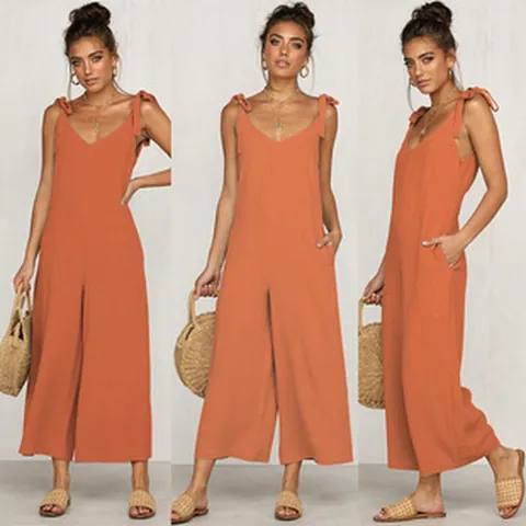 Women Casual V Neck Bow Shoulder Strap Jumpsuit Sleeveless Wide Leg Romper With Pockets Summer Beach Party Overalls