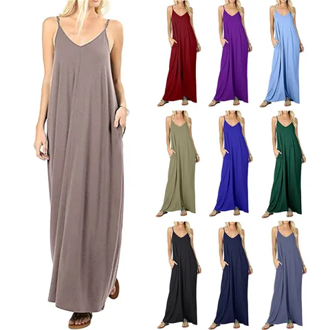 Women's Casual Cotton Blend Solid Color Loose Maxi Dress Sexy V-Neck Spaghetti Strap Sleeveless Dress With Pockets Elegant Beach Sun Dress