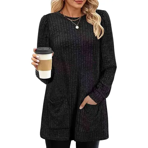 Casual Women Long-Line Ribbed Knit Sweater Round Neck Long Sleeve Pullover With Pockets Solid Color Loose Fit Knitwear Fall Winter Top