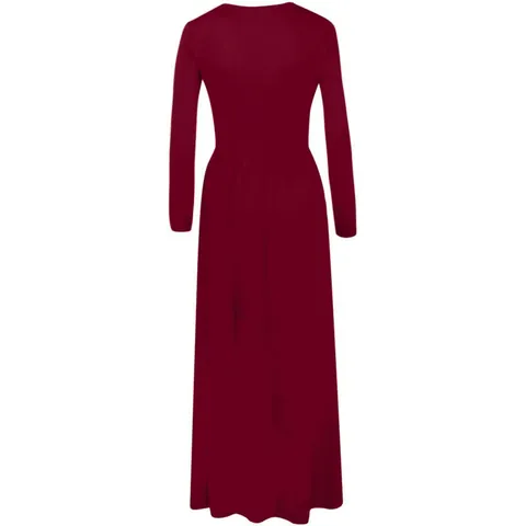 Women Elegant Solid Color Round Neck Long Sleeve Maxi Dress With Pockets Autumn Winter Floor Length Pullover A Line Dress