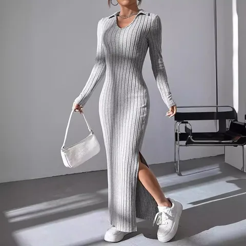 Women Casual Ribbed Knit Polo Collar Long Sleeve Maxi Dress Slim Fit Slit Hem Cotton Blend Solid Color Elegant Commuting Dress