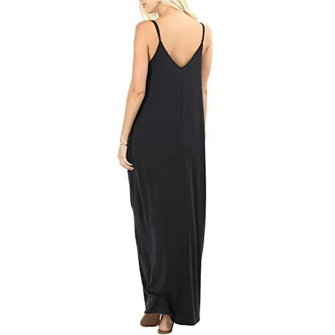 Robe Longue Sexy à Col en V et Bretelles Spaghetti pour Femmes Robe Cami Longue Sans Manches Couleur Unie Avec Poches Été
