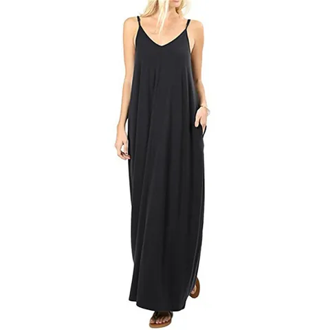Robe Longue Sexy à Col en V et Bretelles Spaghetti pour Femmes Robe Cami Longue Sans Manches Couleur Unie Avec Poches Été