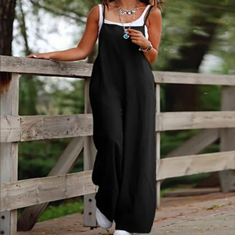 Combinaison Femme Sans Manches Couleur Unie Décontractée Jambe Large Romper Avec Poches Combinaison Minimaliste En Polyester Pour Sortie Été