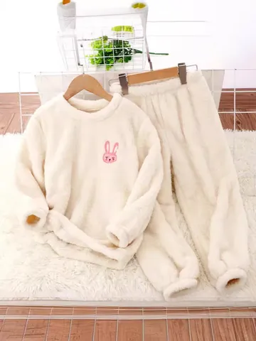 Conjunto de Ropa de Casa de Franela para Niños Bordado de Dibujos Animados Pijama Cálido de Invierno Top And Bottom para Niños Niñas