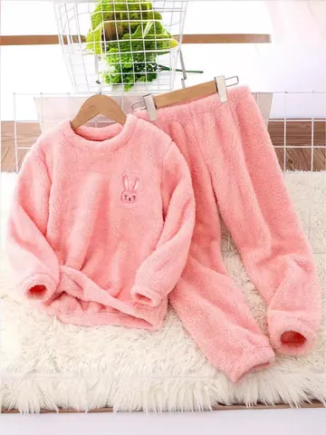 Conjunto de Ropa de Casa de Franela para Niños Bordado de Dibujos Animados Pijama Cálido de Invierno Top And Bottom para Niños Niñas
