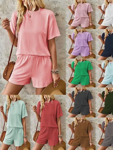 Women Casual Spandex Polyester Wave Texture Round Neck Short Sleeve Top And Bottom Elastic Waist Shorts Two Piece Set