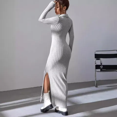 Women Casual Ribbed Knit Polo Collar Long Sleeve Maxi Dress Slim Fit Slit Hem Cotton Blend Solid Color Elegant Commuting Dress