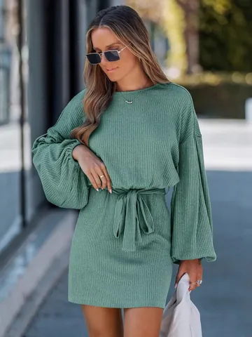 Vestito a Costine in Maglia a Maniche Lunghe Donna Elegante Girocollo Mini Abito Bodycon Con Cintura Tinta Unita Autunno Inverno