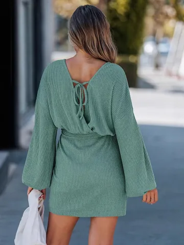 Vestito a Costine in Maglia a Maniche Lunghe Donna Elegante Girocollo Mini Abito Bodycon Con Cintura Tinta Unita Autunno Inverno