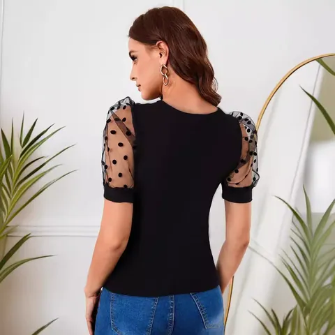 Polyester Mesh Patchwork Polka Dot T-Shirt For Women Western Style Round Neck Short Sleeve Top Casual Slim Fit Clothing