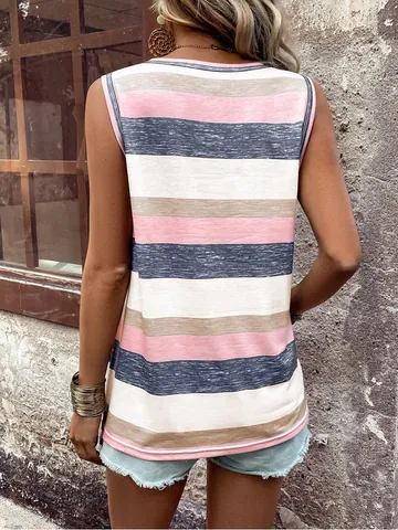Women Sleeveless T-Shirt Casual Striped Color Block Top With Patch Pocket Summer Polyester Button Neck Sleeveless Top