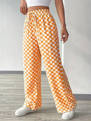 Pantaloni da Donna a Scacchiera Gamba Dritta Vita Alta Casual a Quadri Pantaloni con Coulisse Moda Quotidiana per Autunno Inverno