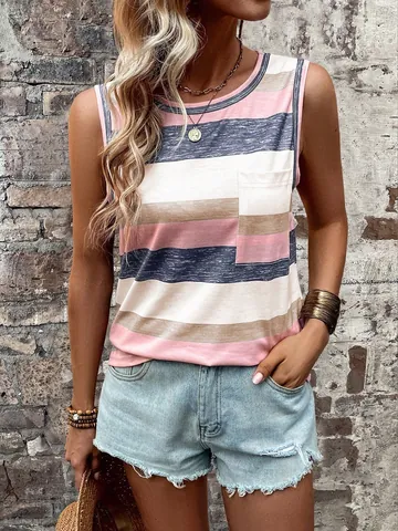 Women Striped Sleeveless Vest T-Shirt Casual Polyester Top With Button Collar And Patch Pocket Summer Comfortable Apparel