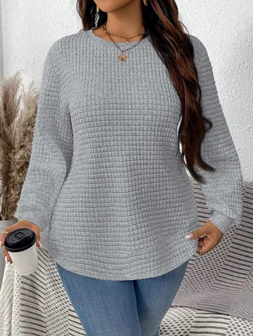 Women Plus Size Waffle Grid Sweatshirt Round Hem Long Sleeve Pullover Top Casual Loose Polyester Autumn Winter Outerwear
