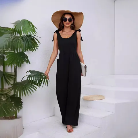 Combinaison Femme Élégante en Polyester Couleur Unie Jambe Large Grand Col en U Sans Manches Lacet Épaule Été Décontracté