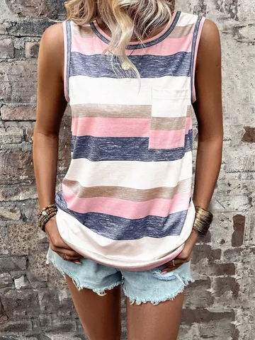Women Sleeveless T-Shirt Casual Striped Color Block Top With Patch Pocket Summer Polyester Button Neck Sleeveless Top
