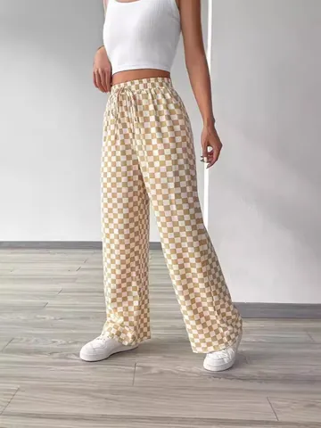Pantaloni da Donna a Scacchiera Gamba Dritta Vita Alta Casual a Quadri Pantaloni con Coulisse Moda Quotidiana per Autunno Inverno