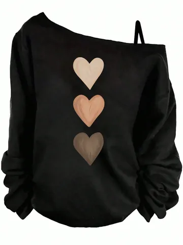 Women Sexy Cold Shoulder Long Sleeve Top Polyester Heart Print T-Shirt Casual Asymmetric Off Shoulder Tee For Spring Fall