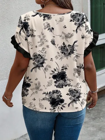 Women's Plus Size Floral Print Ruffle Sleeve Blouse Summer Fashion Casual Round Neck Patchwork Top For Women Daily Wear