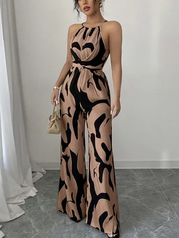 Women Vintage Halter Neck Printed Jumpsuit Lace-Up Waist Slim Fit Wide-Leg Long Pants Polyester Summer Sleeveless Top And Bottom
