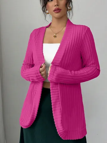 Cárdigan Casual de Punto Acanalado para Mujer Frente Abierto Manga Larga Suéter Cepillado Color Sólido Otoño Invierno Top