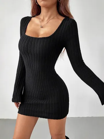 Dames Sexy Ribbel Vierkante Hals Lange Mouw Mini Jurk Slanke Pasvorm Effen Kleur Bodycon Gebreide Party Clubwear Jurk