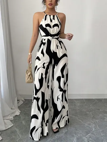 Women Vintage Halter Neck Printed Jumpsuit Lace-Up Waist Slim Fit Wide-Leg Long Pants Polyester Summer Sleeveless Top And Bottom