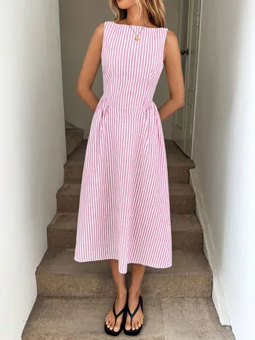 Abito Midi Senza Maniche Casual da Donna a Righe Girocollo Con Tasche Linea A Estate Vacanza Poliestere Abito