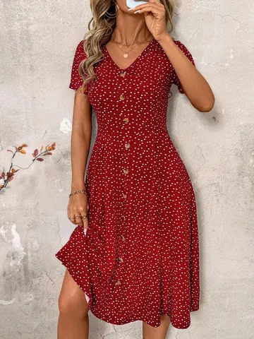 Vestito Midi a Pois Sexy con Scollo a V da Donna Estivo a Maniche Corte con Bottoni sul Davanti Vestito Floreale Casual a Cuore