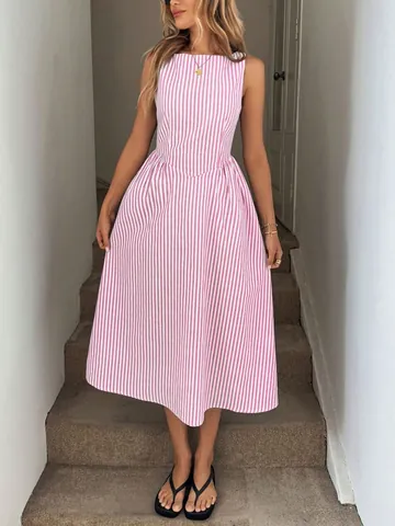 Abito Midi Senza Maniche Casual da Donna a Righe Girocollo Con Tasche Linea A Estate Vacanza Poliestere Abito