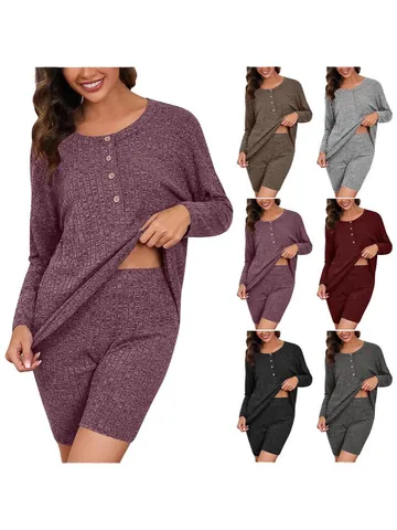 Completo Due Pezzi da Donna Casual in Maglia a Costine Henley Top And Bottom Pantaloncini Sportivi Loungewear