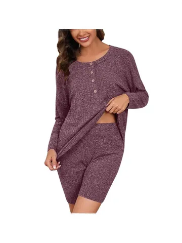 Completo Due Pezzi da Donna Casual in Maglia a Costine Henley Top And Bottom Pantaloncini Sportivi Loungewear