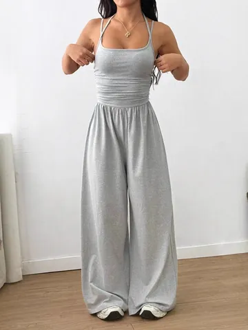 Women's Casual Solid Color Double Strap Wide Leg Jumpsuit Sleeveless Ruched Waist Shaping One Piece Bodysuit Long Pants