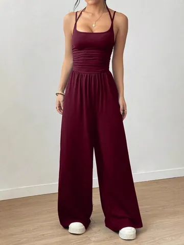 Women's Casual Solid Color Double Strap Wide Leg Jumpsuit Sleeveless Ruched Waist Shaping One Piece Bodysuit Long Pants