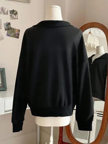 Damen Casual Oversized Halbreißverschluss Sweatshirt Fleece Gefüttert Revers Pullover Top Y2K Streetwear Langarm Einfarbig Kleidung