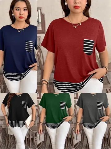 Dames Casual Polyester Patchwork Streep Ronde Hals T-Shirt Losse Korte Mouw Nep Tweedelig Top Zomer Forenzen Tee